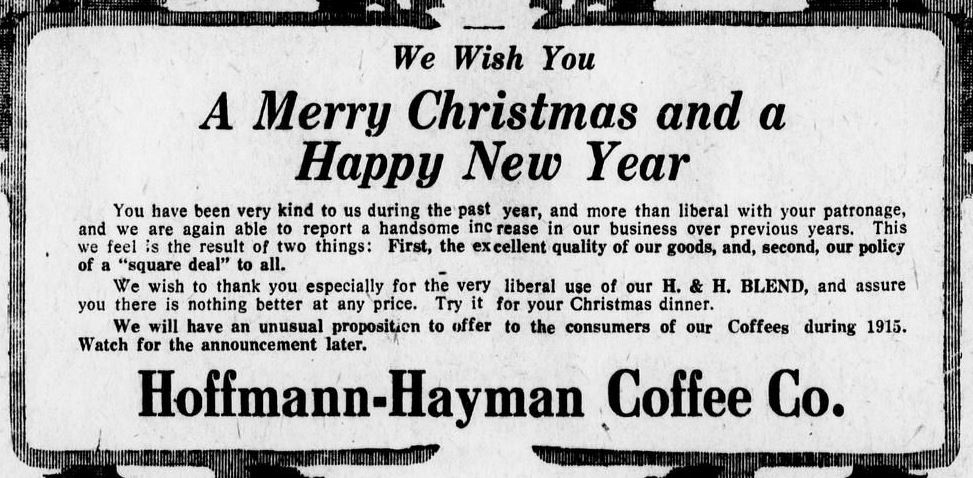 Holiday *San Antonio Express* display: decorative border, “A Merry Christmas and a Happy New Year,” H. & H. Blend thanks and 1915 teaser